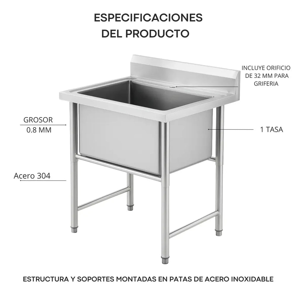 Lavafondo 80x60x90 cm Profundo Acero Inoxidable 304  con Llave Monomando + Sifon y Desague