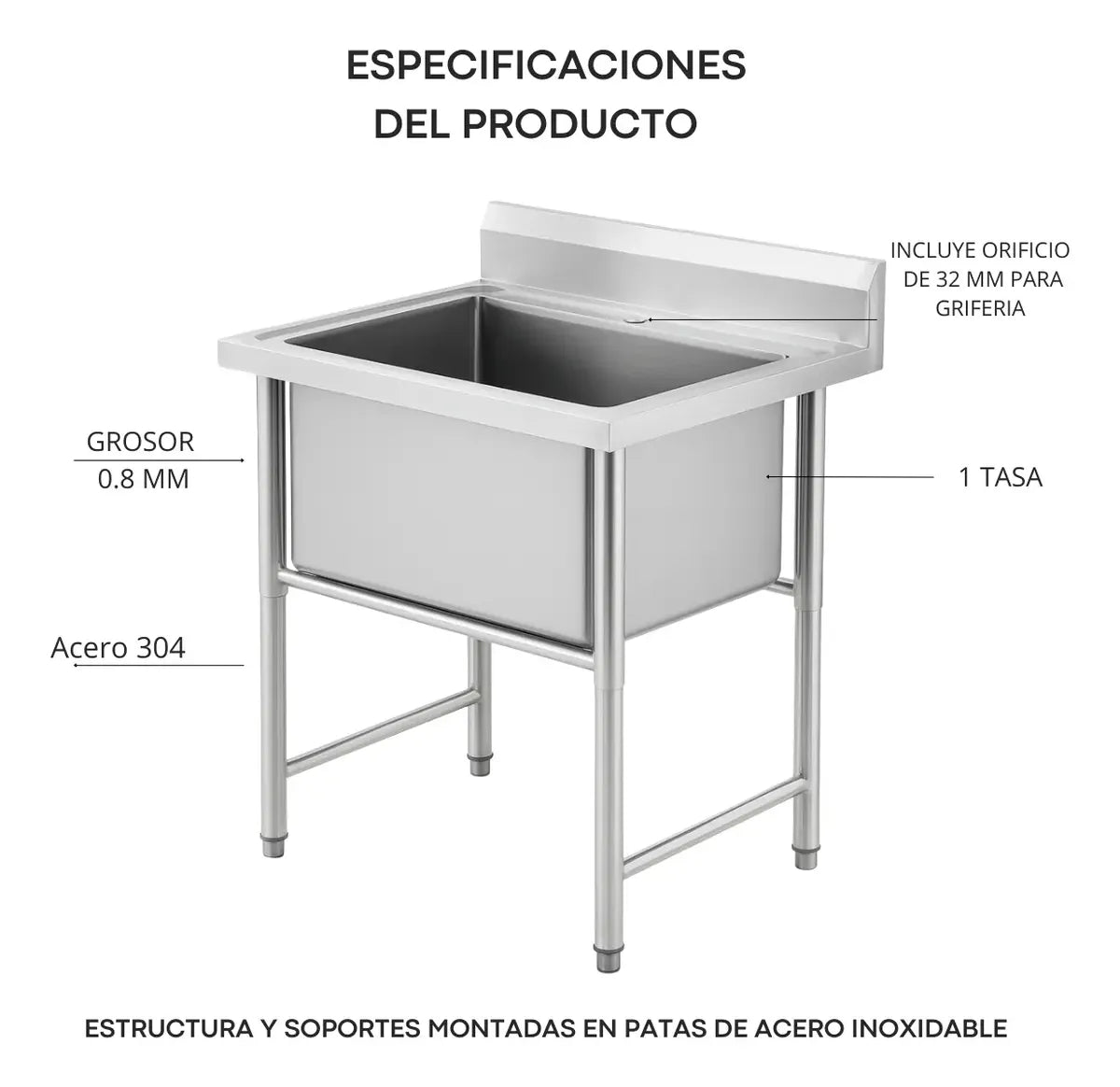 Lavafondo 80x60x90 cm Profundo Acero Inoxidable 304  con Llave Monomando + Sifon y Desague