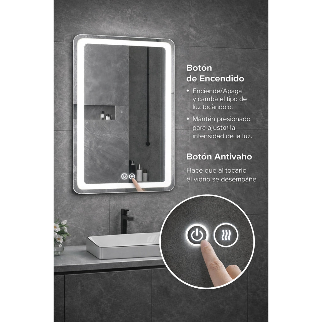 Espejo LED Antivaho 80x60 cm para Baño con Luz LED Integrada y Control Táctil