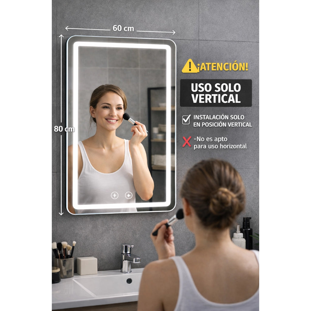 Espejo LED Antivaho 80x60 cm para Baño con Luz LED Integrada y Control Táctil