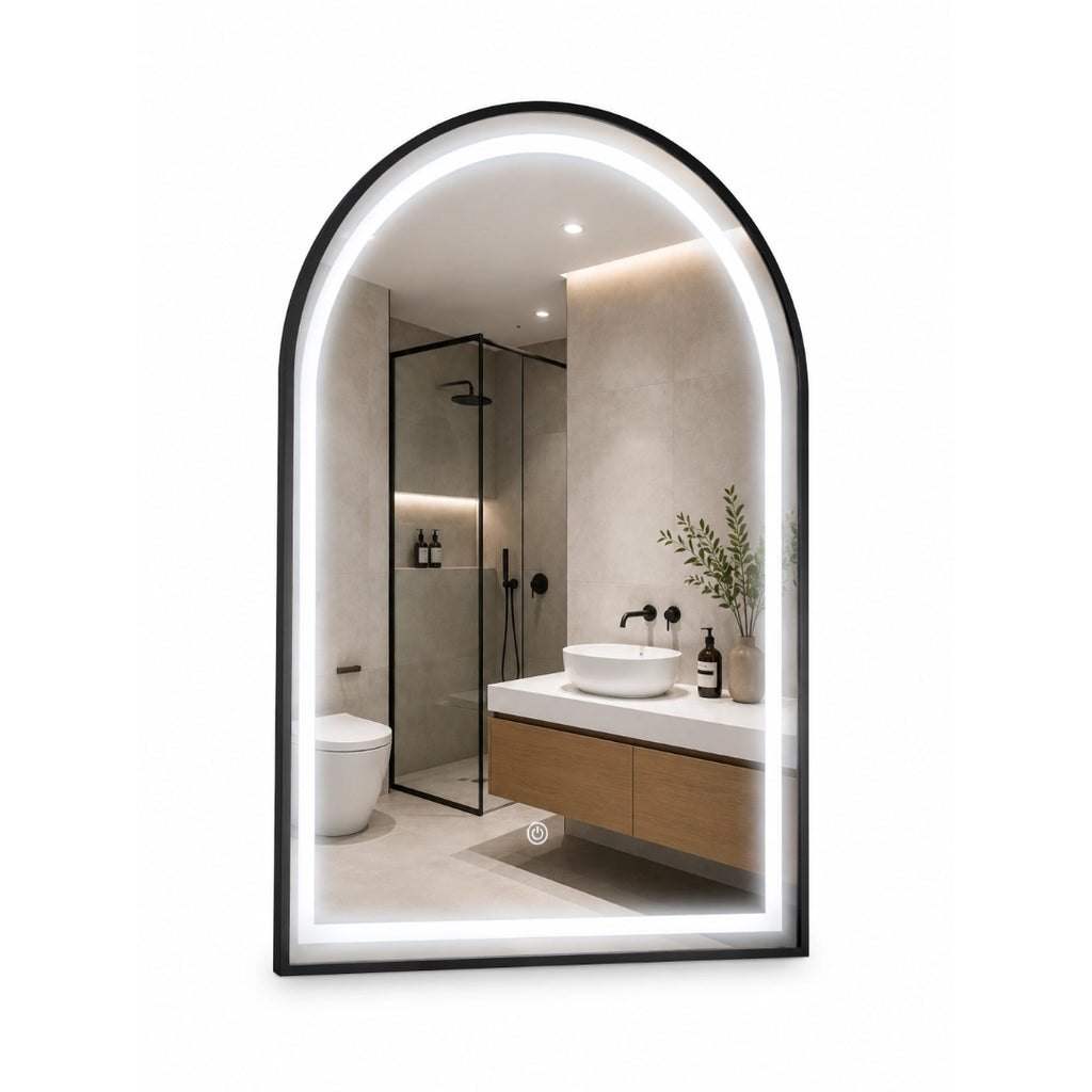 Espejo LED Arco 80x60 cm con Borde de Aluminio Negro y Luz Regulable