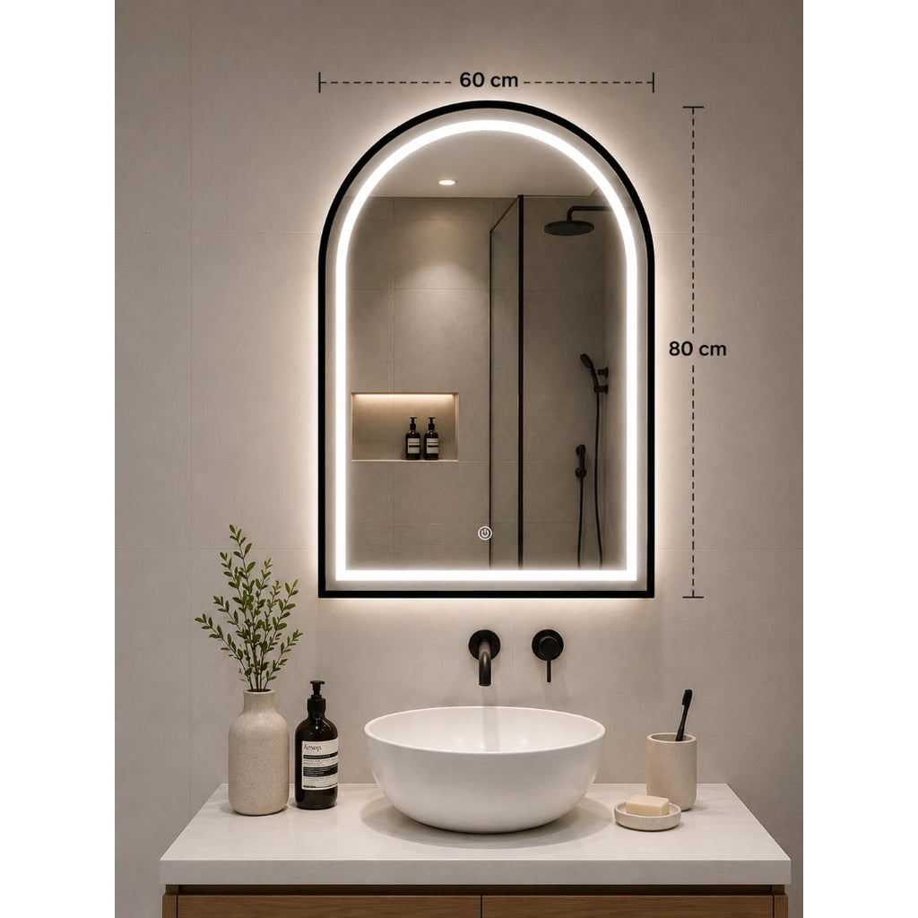 Espejo LED Arco 80x60 cm con Borde de Aluminio Negro y Luz Regulable