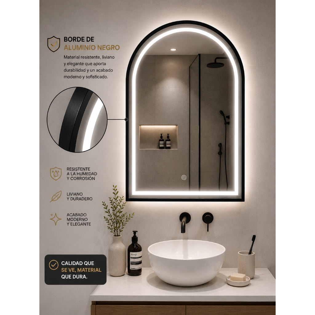 Espejo LED Arco 80x60 cm con Borde de Aluminio Negro y Luz Regulable