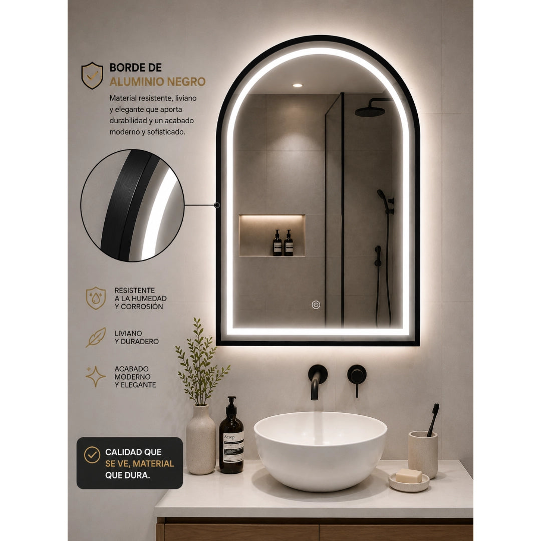 Espejo LED Arco 80x60 cm con Borde de Aluminio Negro y Luz Regulable