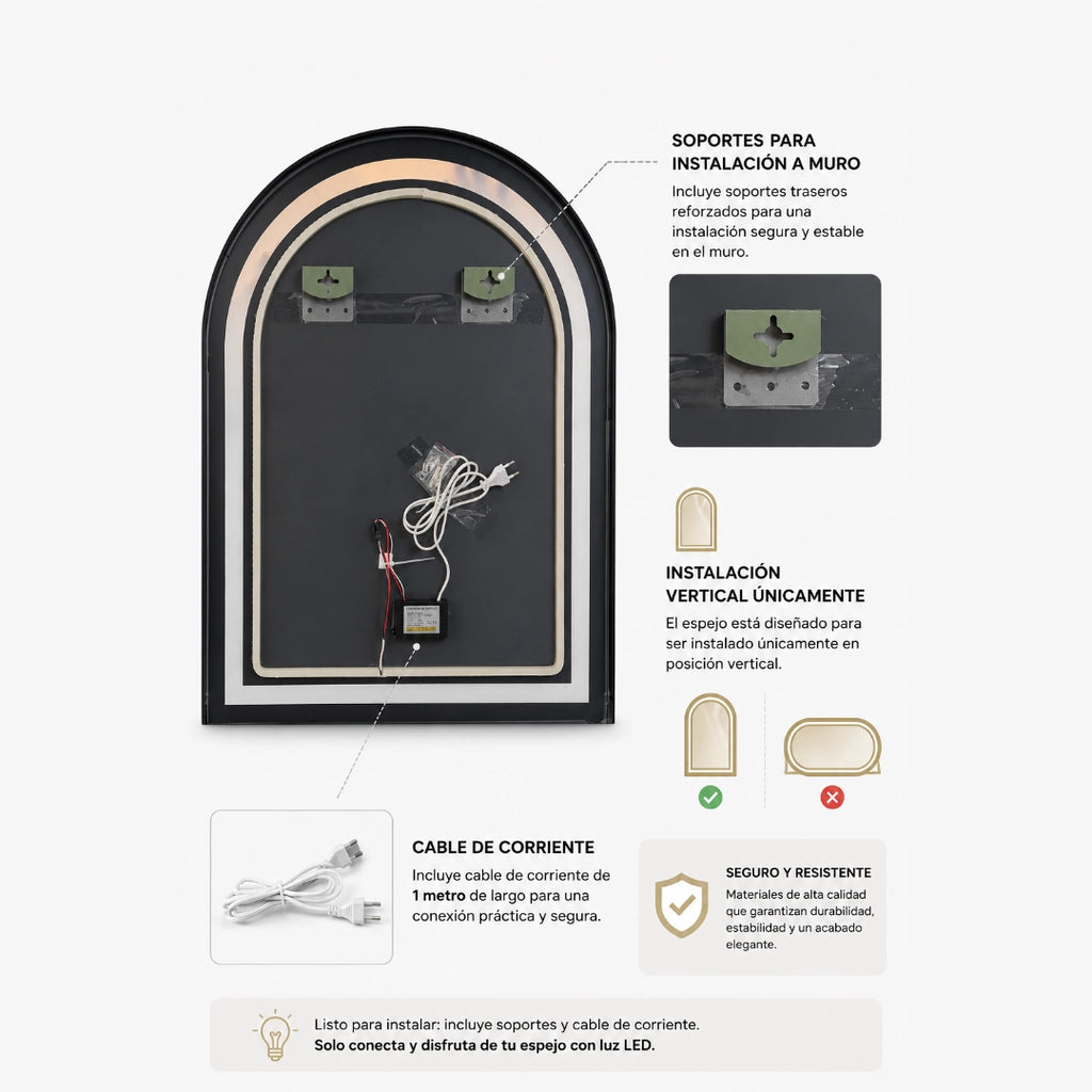 Espejo LED Arco 80x60 cm con Borde de Aluminio Negro y Luz Regulable