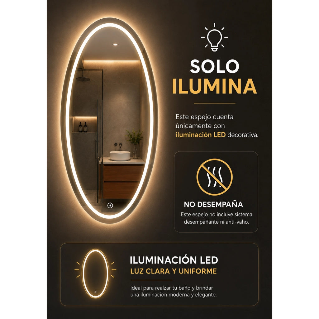 Espejo LED Ovalado 60x80 cm para Baño con Luz Regulable, 2 Tonos de Luz y Control Táctil