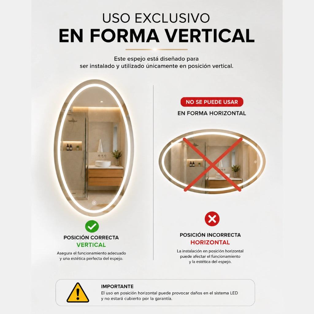 Espejo LED Ovalado 60x80 cm para Baño con Luz Regulable, 2 Tonos de Luz y Control Táctil