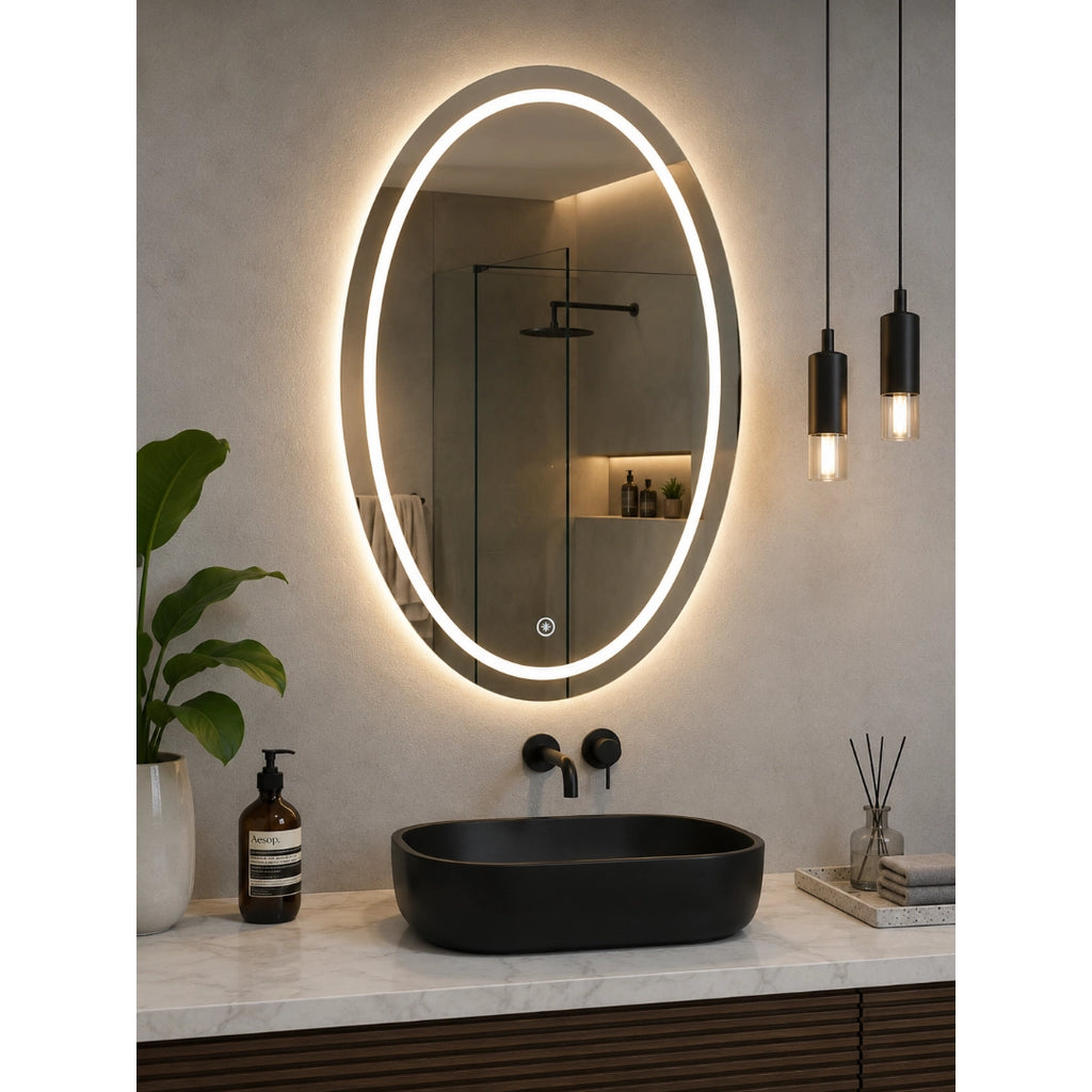Espejo LED Ovalado 60x80 cm para Baño con Luz Regulable, 2 Tonos de Luz y Control Táctil