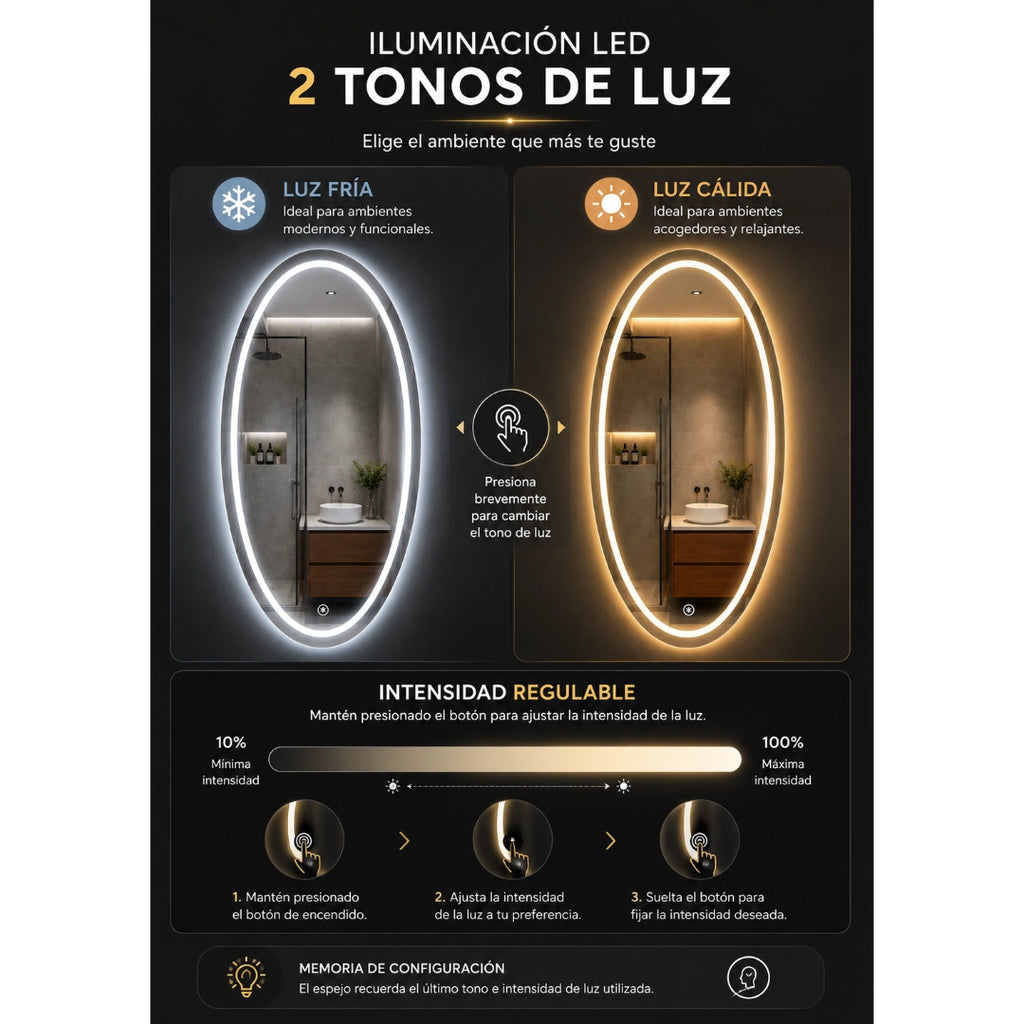 Espejo LED Ovalado 60x80 cm para Baño con Luz Regulable, 2 Tonos de Luz y Control Táctil