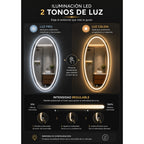 Espejo LED Ovalado 60x80 cm para Baño con Luz Regulable, 2 Tonos de Luz y Control Táctil