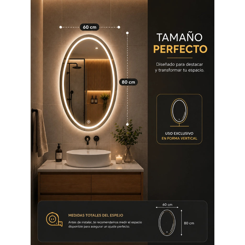 Espejo LED Ovalado 60x80 cm para Baño con Luz Regulable, 2 Tonos de Luz y Control Táctil