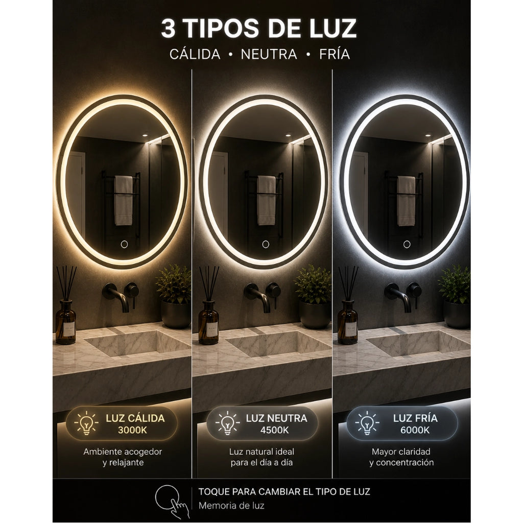 Espejo LED Redondo 60 cm para Baño con Luz Regulable, 3 Tonos de Luz y Control Táctil