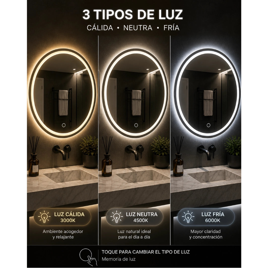 Espejo LED Redondo 60 cm para Baño con Luz Regulable, 3 Tonos de Luz y Control Táctil