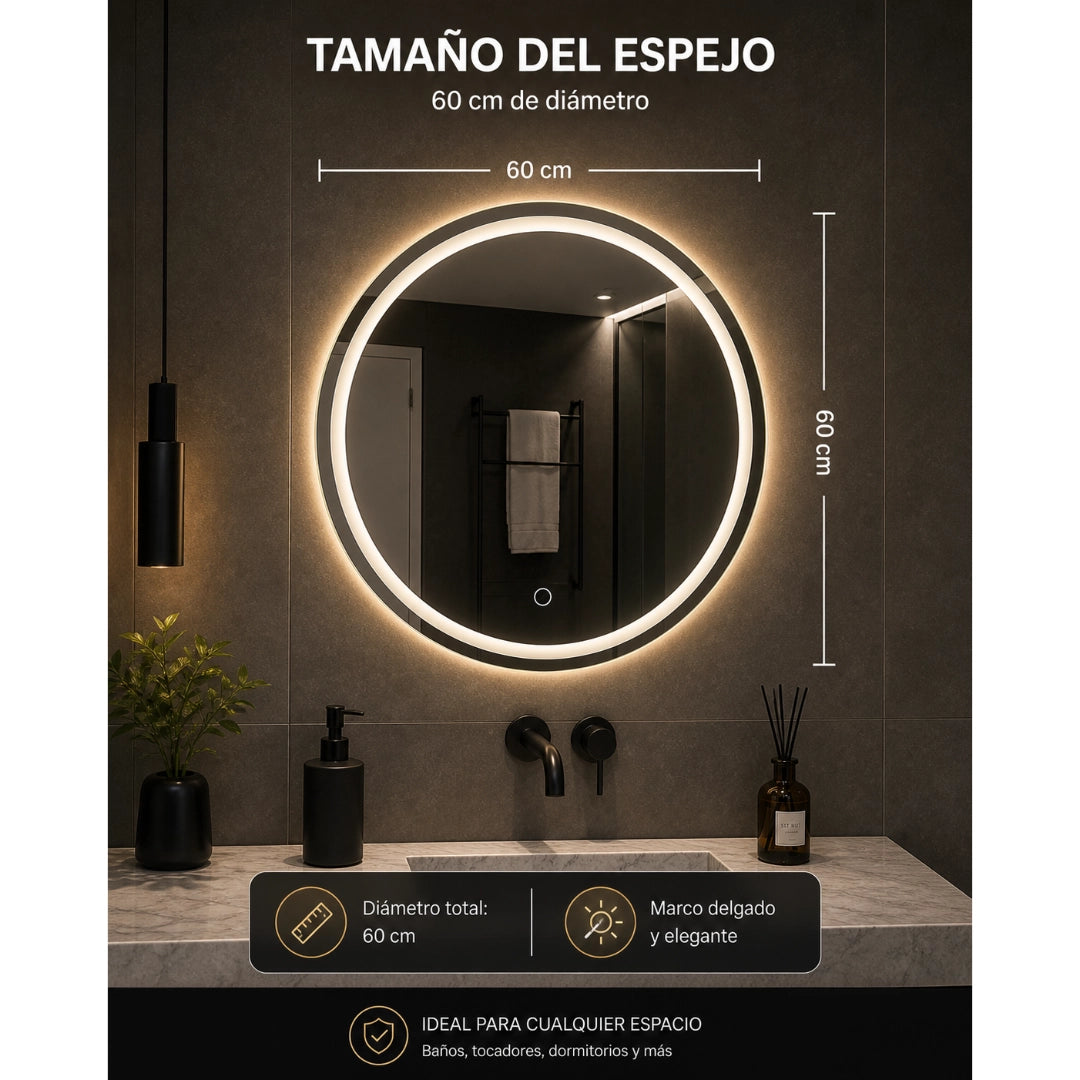 Espejo LED Redondo 60 cm para Baño con Luz Regulable, 3 Tonos de Luz y Control Táctil