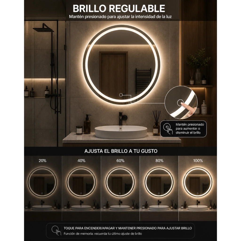 Espejo LED Redondo 60 cm para Baño con Luz Regulable, 3 Tonos de Luz y Control Táctil