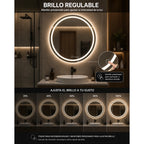 Espejo LED Redondo 60 cm para Baño con Luz Regulable, 3 Tonos de Luz y Control Táctil