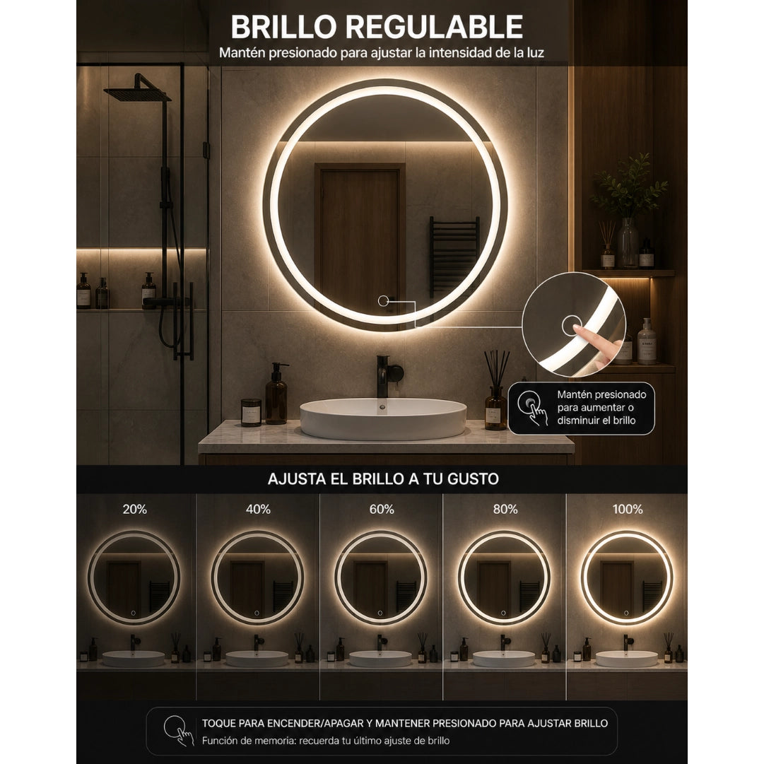 Espejo LED Redondo 60 cm para Baño con Luz Regulable, 3 Tonos de Luz y Control Táctil