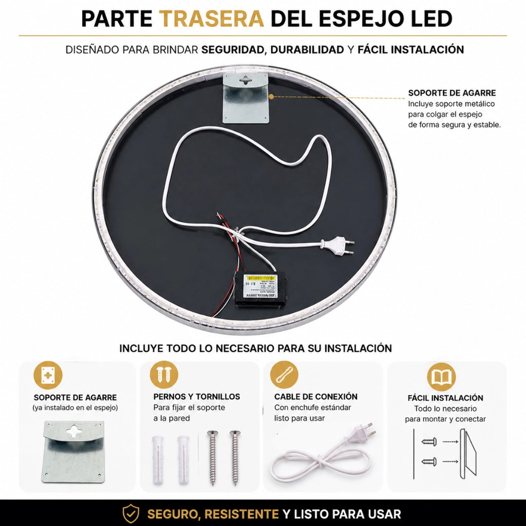 Espejo LED Redondo 60 cm para Baño con Luz Regulable, 3 Tonos de Luz y Control Táctil