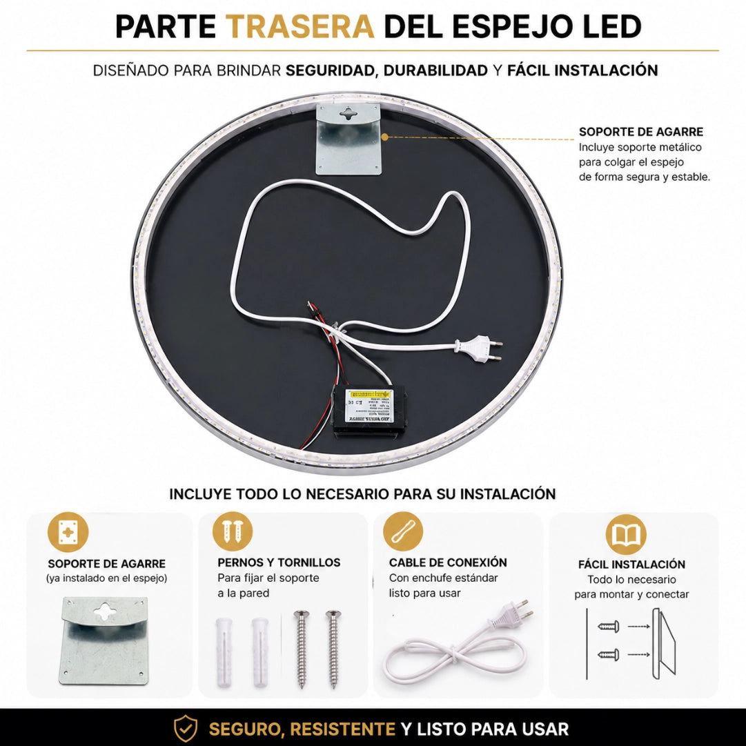 Espejo LED Redondo 60 cm para Baño con Luz Regulable, 3 Tonos de Luz y Control Táctil