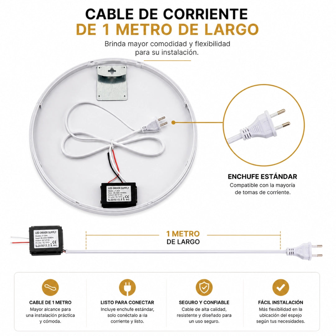 Espejo LED Redondo 60 cm para Baño con Luz Regulable, 3 Tonos de Luz y Control Táctil
