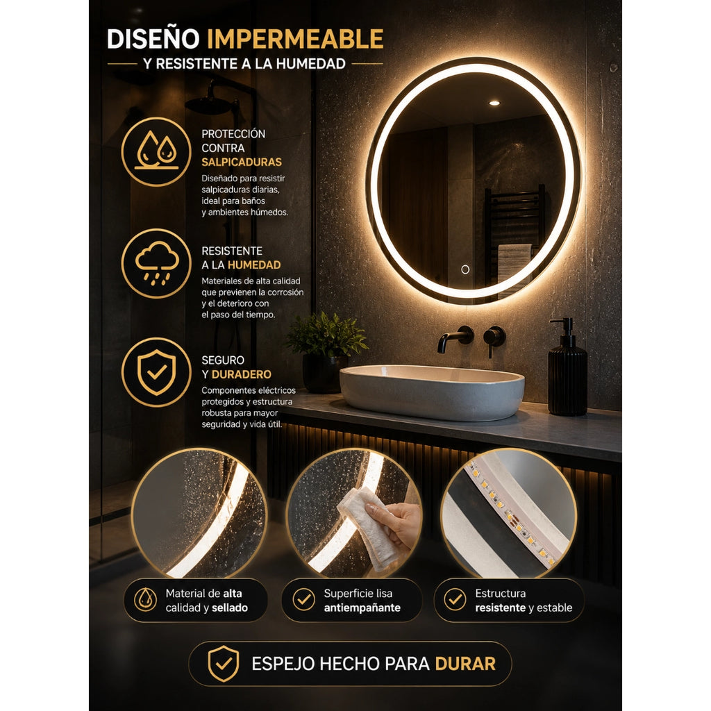 Espejo LED Redondo 60 cm para Baño con Luz Regulable, 3 Tonos de Luz y Control Táctil