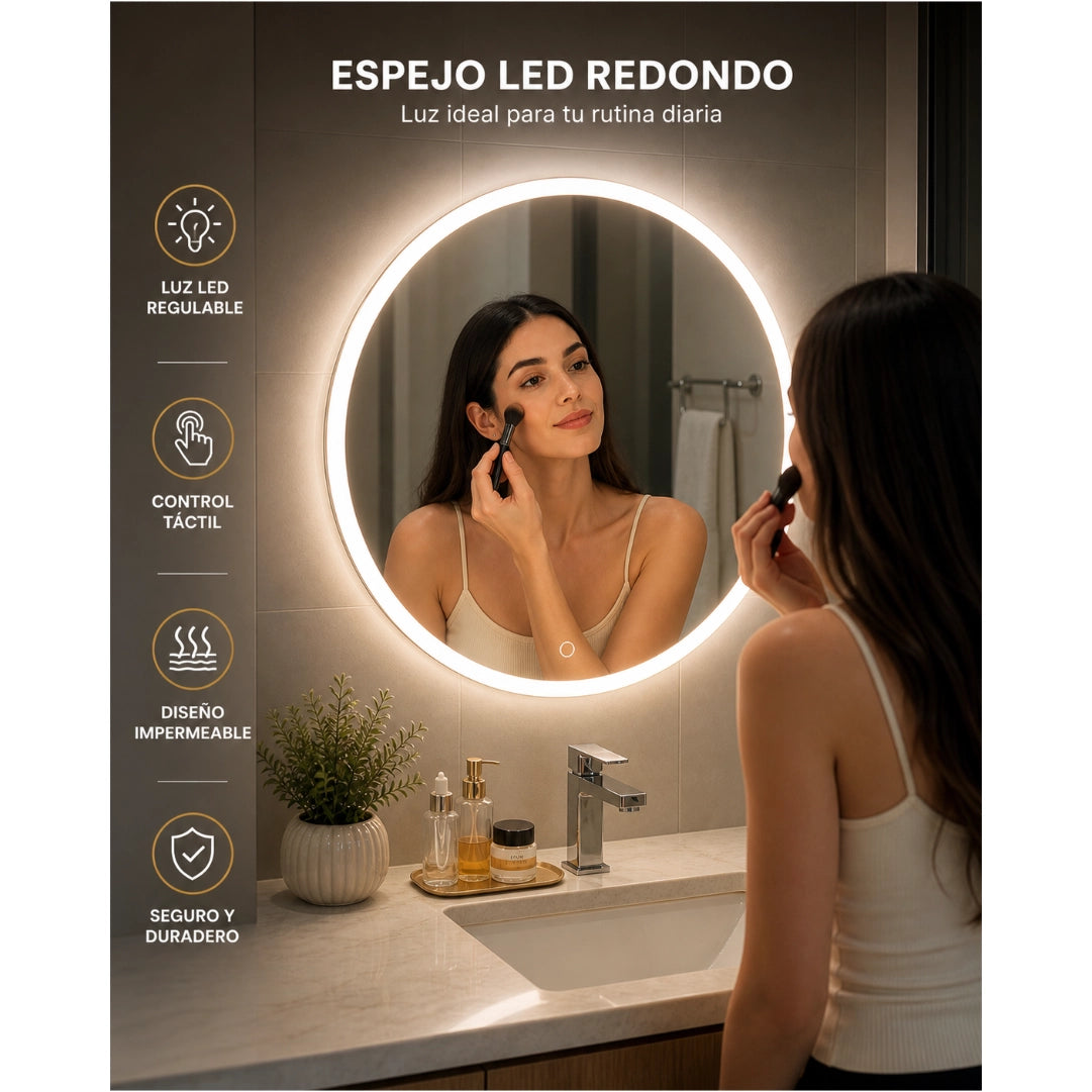 Espejo LED Redondo 60 cm para Baño con Luz Regulable, 3 Tonos de Luz y Control Táctil