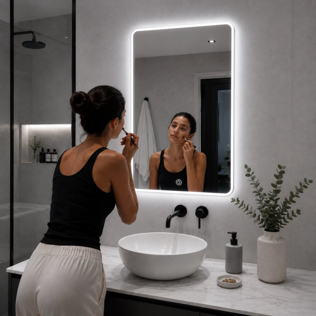 Espejo LED Sin Borde 80x60 cm para Baño con Luz Regulable, 3 Tonos de Iluminación y Control Táctil