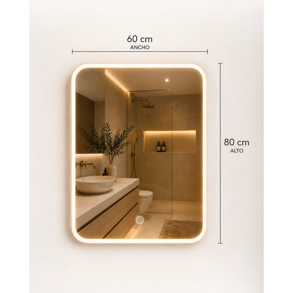 Espejo LED Sin Borde 80x60 cm para Baño con Luz Regulable, 3 Tonos de Iluminación y Control Táctil