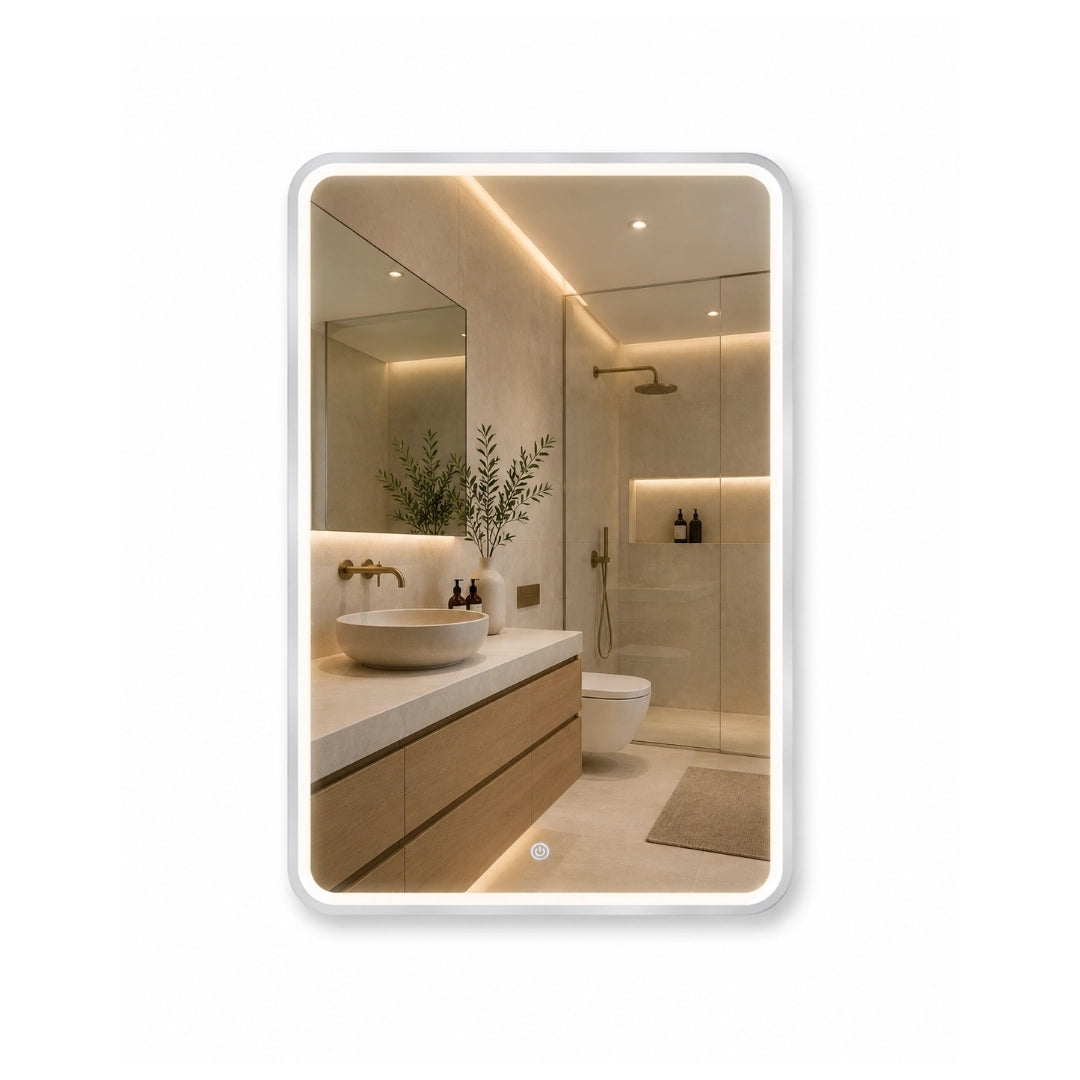 Espejo LED Sin Borde 80x60 cm para Baño con Luz Regulable, 3 Tonos de Iluminación y Control Táctil
