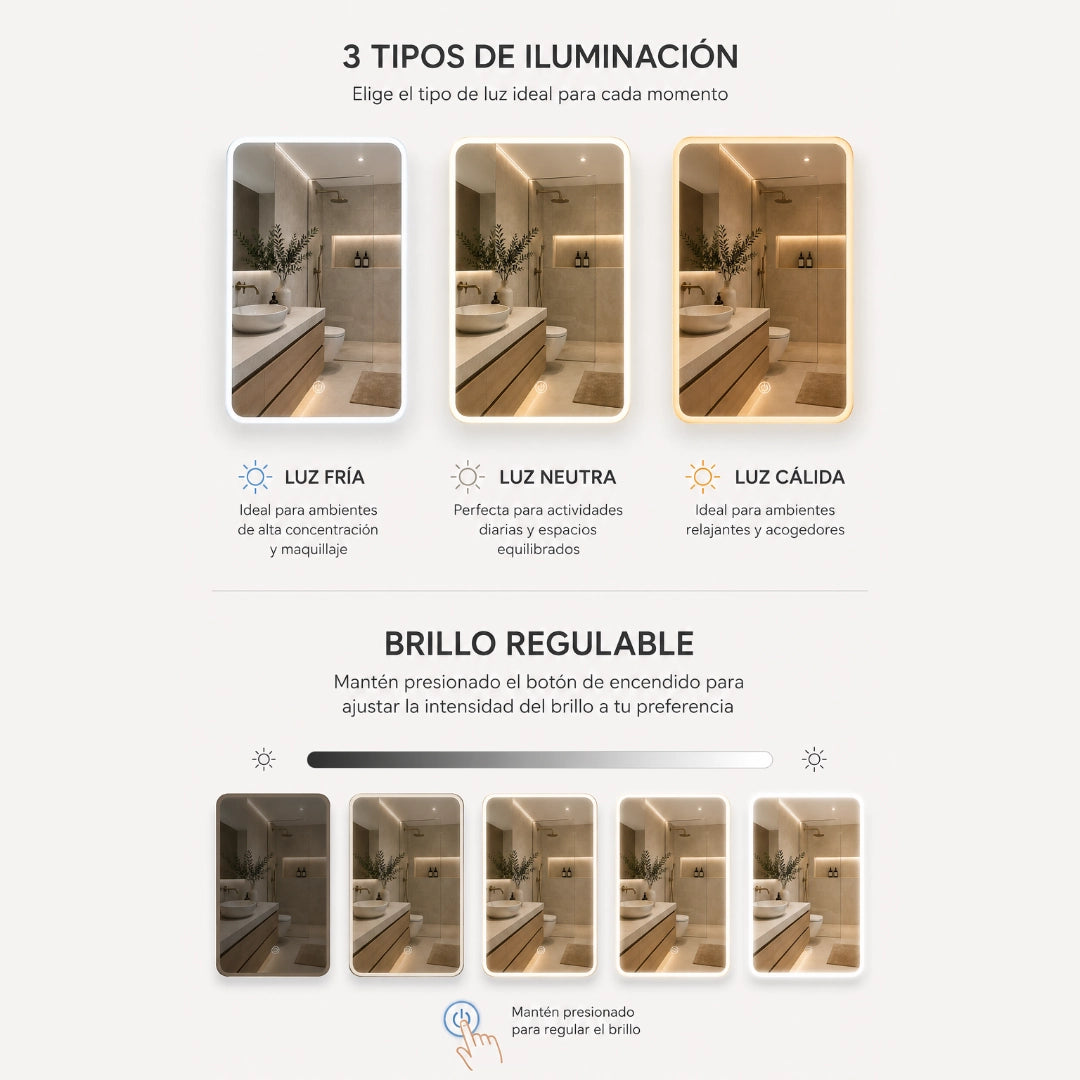 Espejo LED Sin Borde 80x60 cm para Baño con Luz Regulable, 3 Tonos de Iluminación y Control Táctil