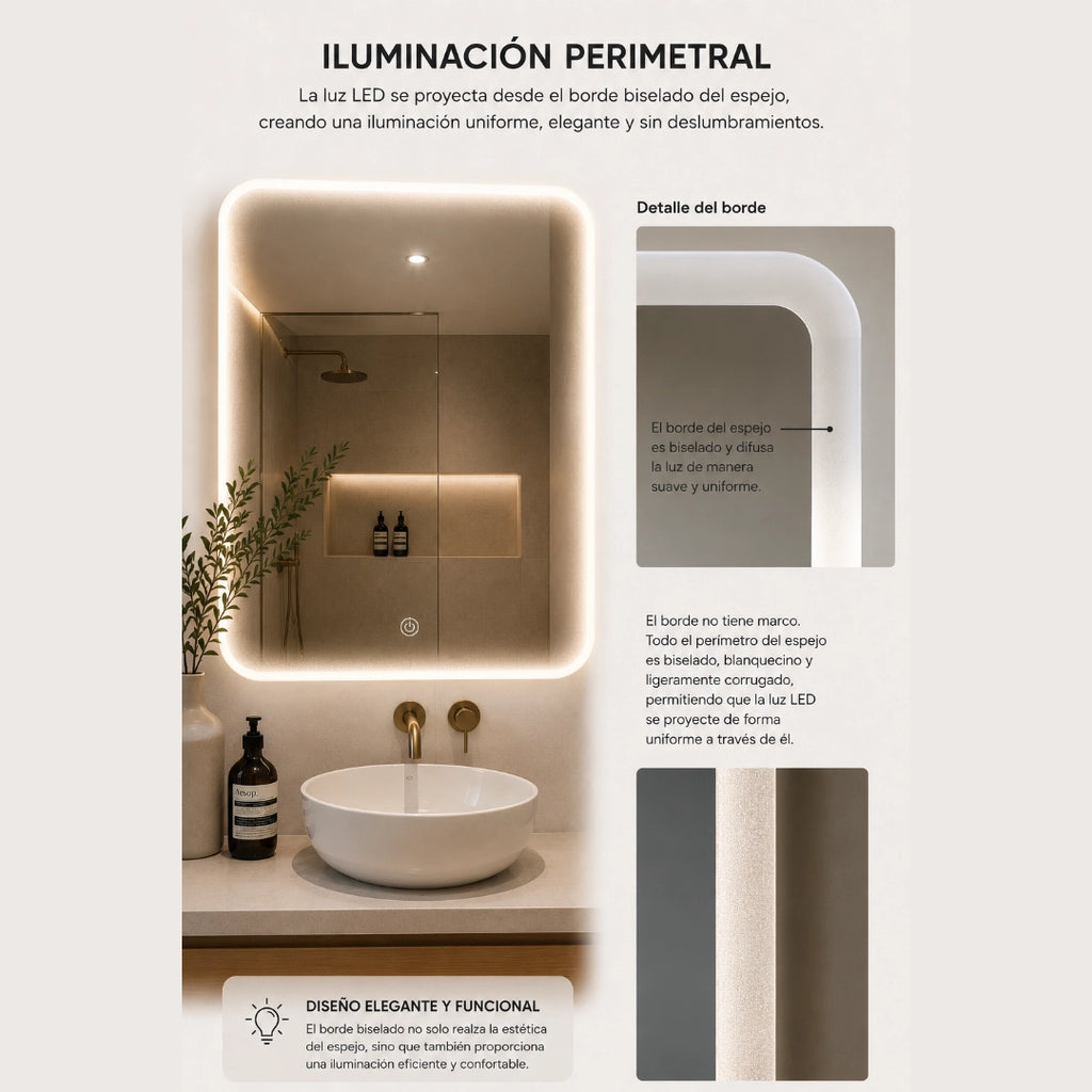 Espejo LED Sin Borde 80x60 cm para Baño con Luz Regulable, 3 Tonos de Iluminación y Control Táctil