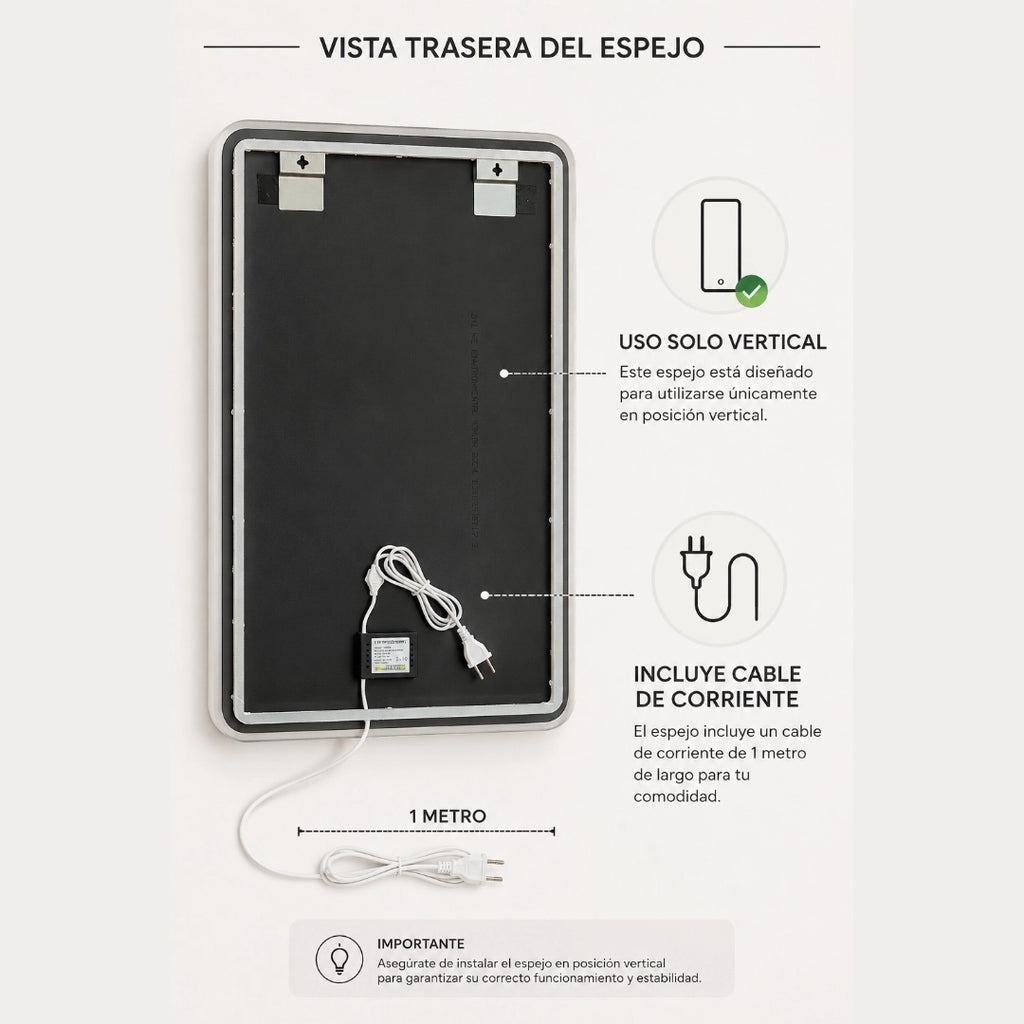 Espejo LED Sin Borde 80x60 cm para Baño con Luz Regulable, 3 Tonos de Iluminación y Control Táctil
