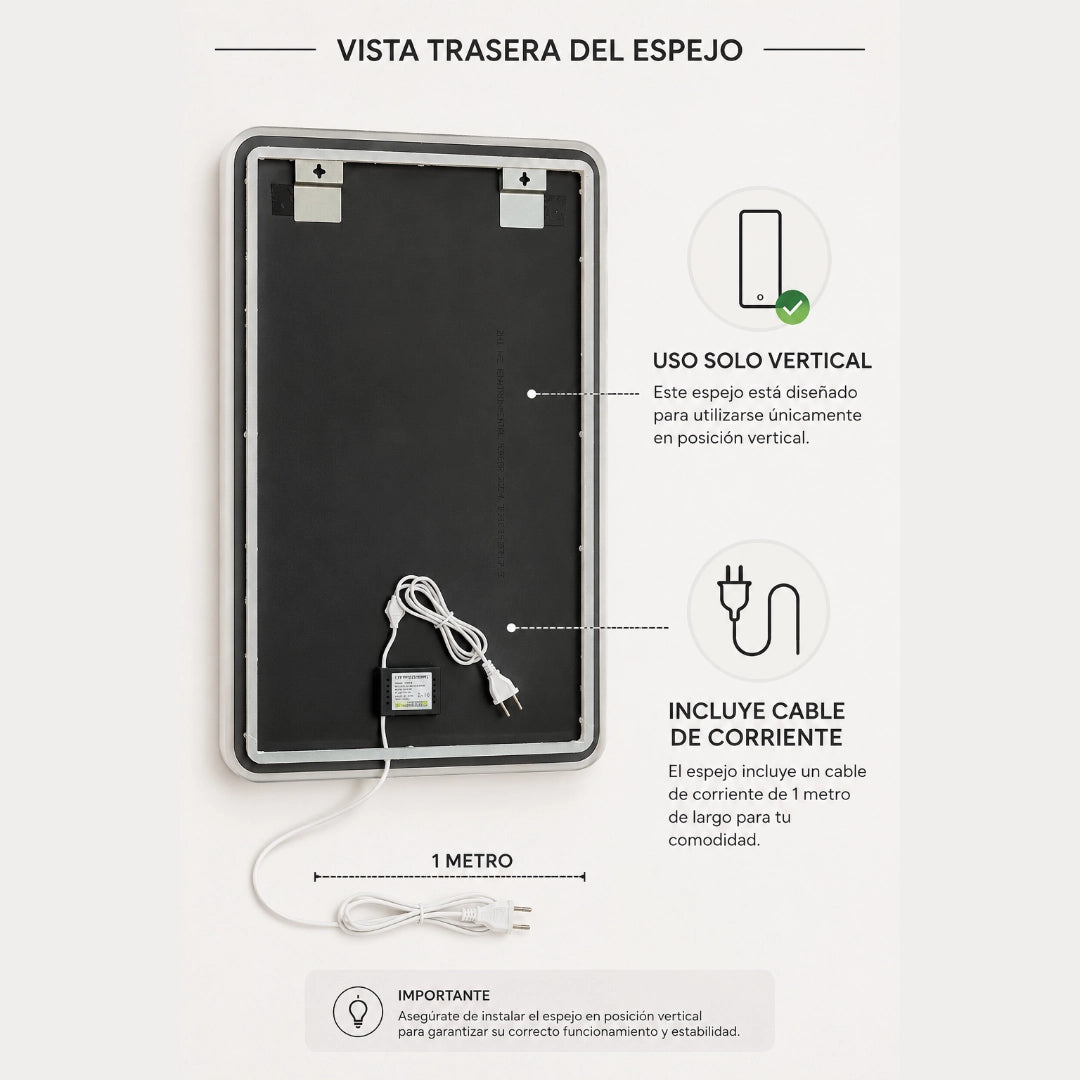 Espejo LED Sin Borde 80x60 cm para Baño con Luz Regulable, 3 Tonos de Iluminación y Control Táctil