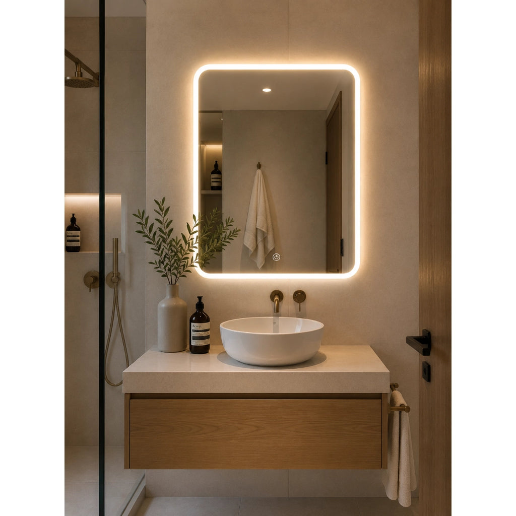 Espejo LED Sin Borde 80x60 cm para Baño con Luz Regulable, 3 Tonos de Iluminación y Control Táctil