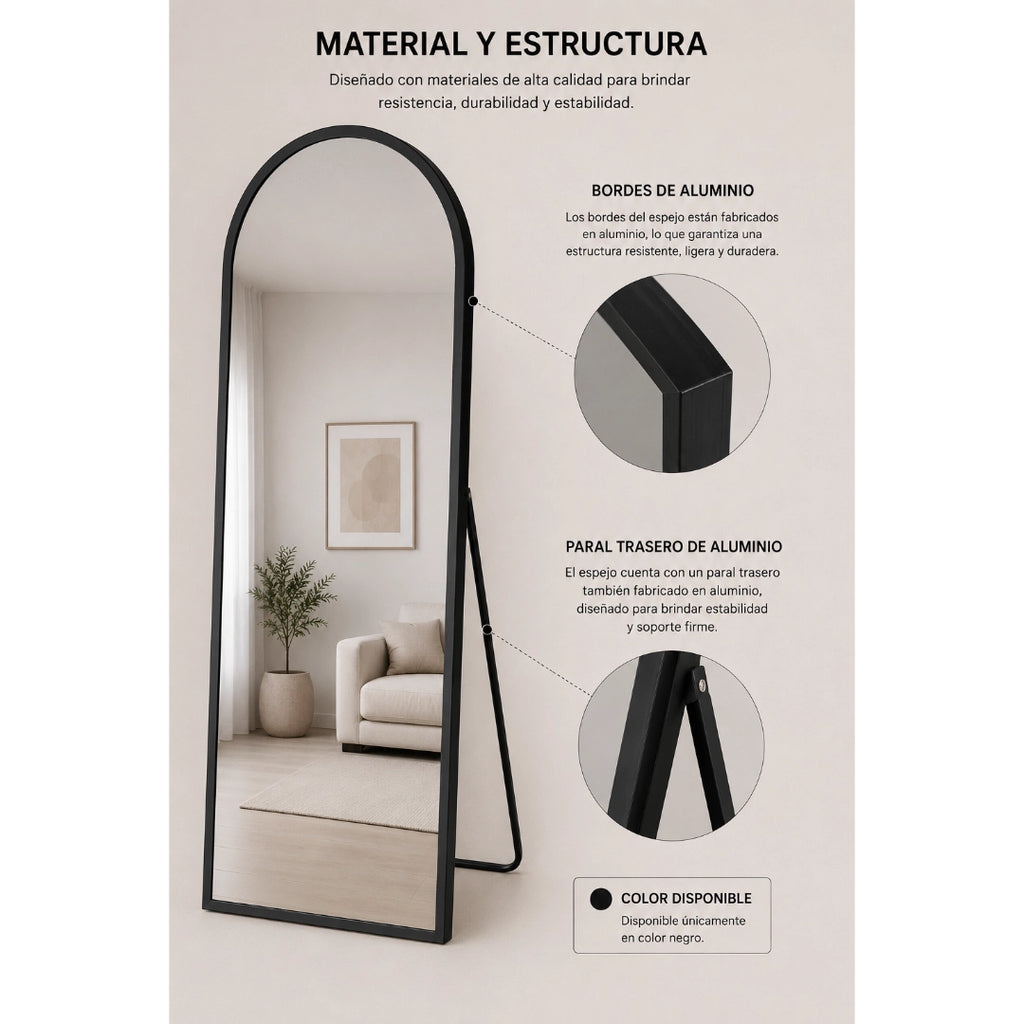 Espejo LED de Piso 150x50 cm con Paral Ajustable y Marco de Aluminio Negro