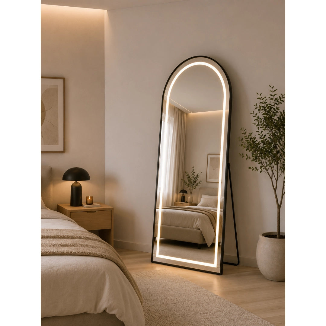 Espejo LED de Piso 150x50 cm con Paral Ajustable y Marco de Aluminio Negro