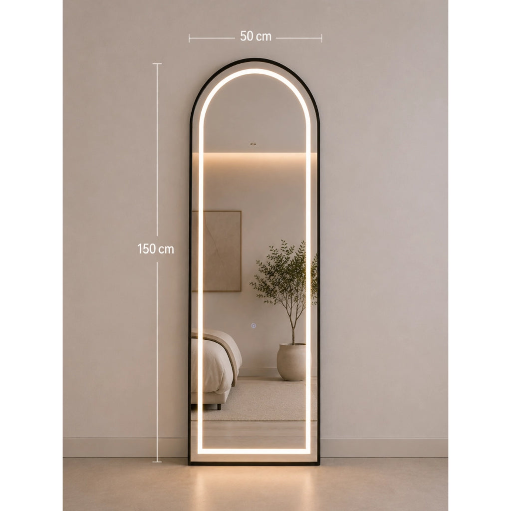 Espejo LED de Piso 150x50 cm con Paral Ajustable y Marco de Aluminio Negro