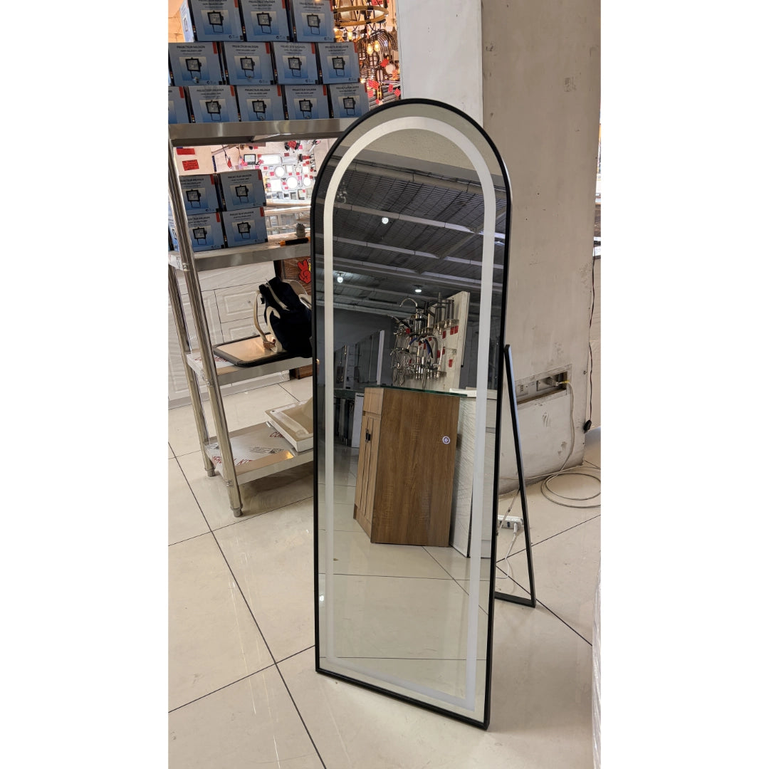 Espejo LED de Piso 150x50 cm con Paral Ajustable y Marco de Aluminio Negro