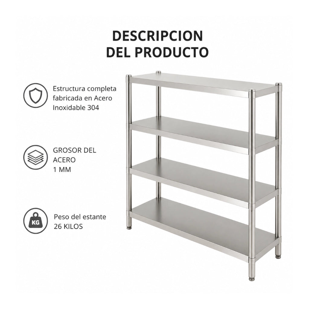 Estantería de Acero Inoxidable 4 Niveles 120x50x150 cm – Ideal para Negocios, Bodegas y Restaurantes