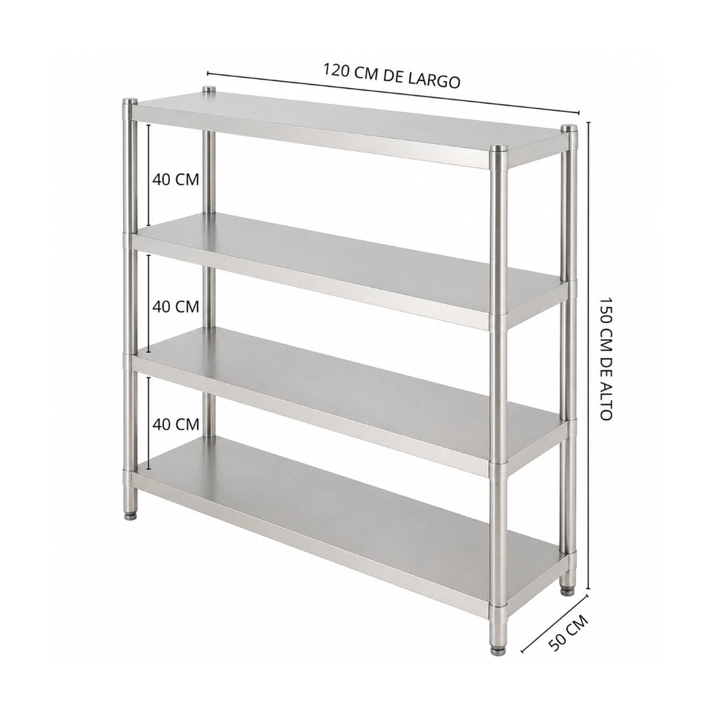 Estantería de Acero Inoxidable 4 Niveles 120x50x150 cm – Ideal para Negocios, Bodegas y Restaurantes