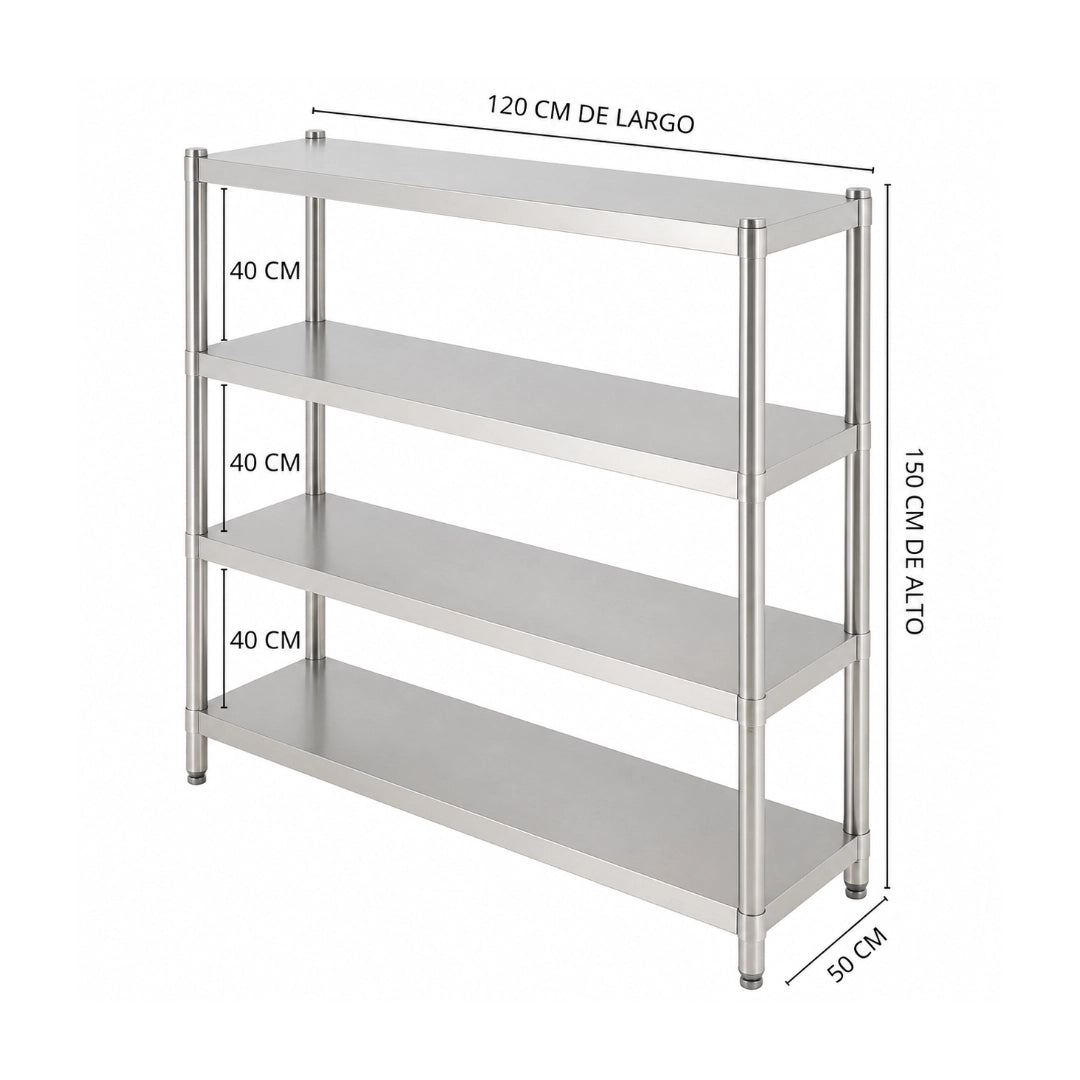 Estantería de Acero Inoxidable 4 Niveles 120x50x150 cm – Ideal para Negocios, Bodegas y Restaurantes