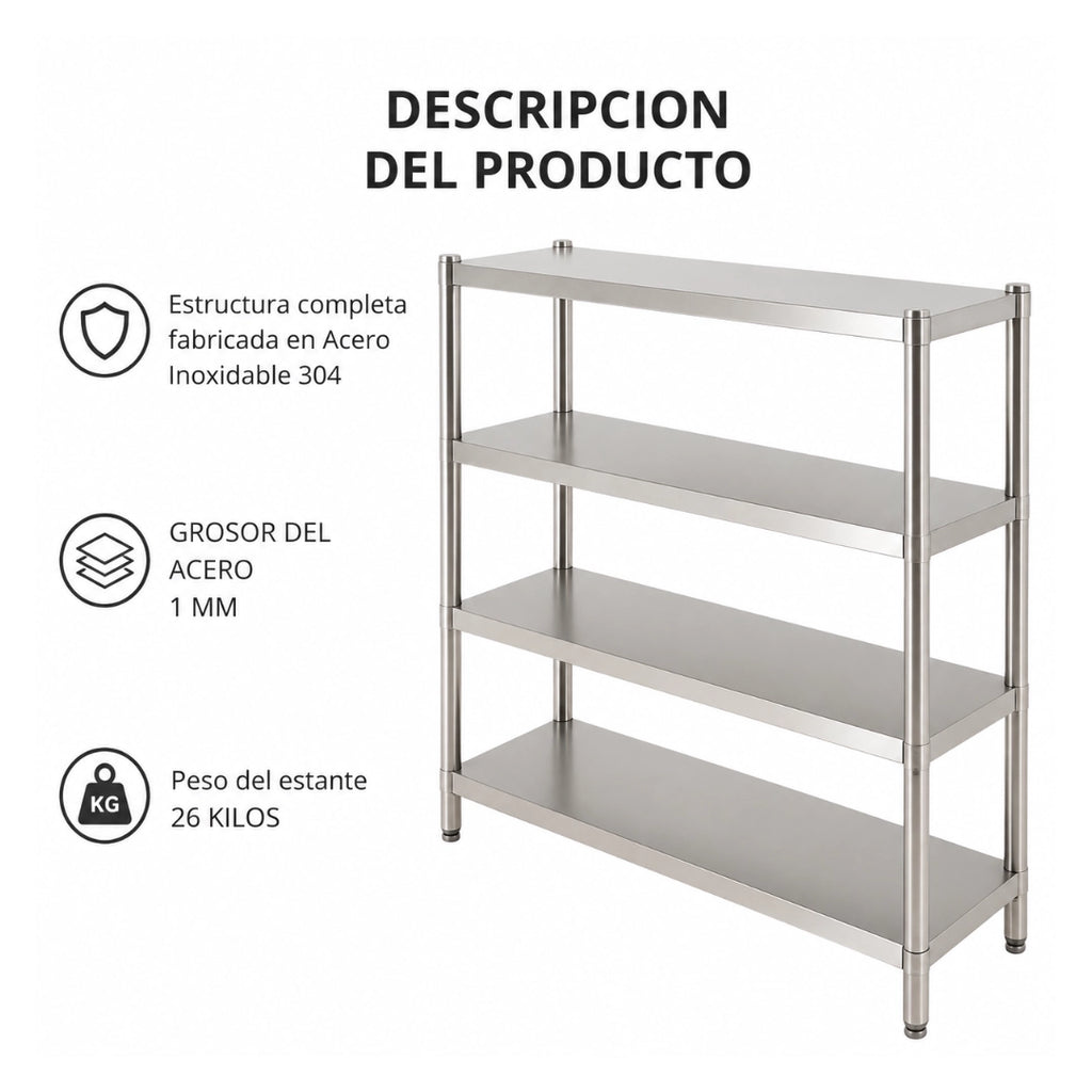 Estantería de Acero Inoxidable 4 Niveles 150x50x150 cm – Ideal para Negocios, Bodegas y Restaurantes