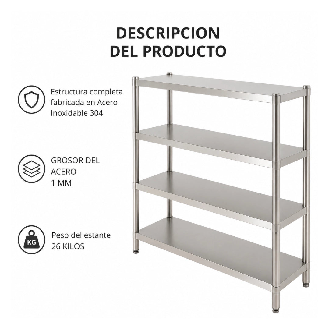 Estantería de Acero Inoxidable 4 Niveles 150x50x150 cm – Ideal para Negocios, Bodegas y Restaurantes