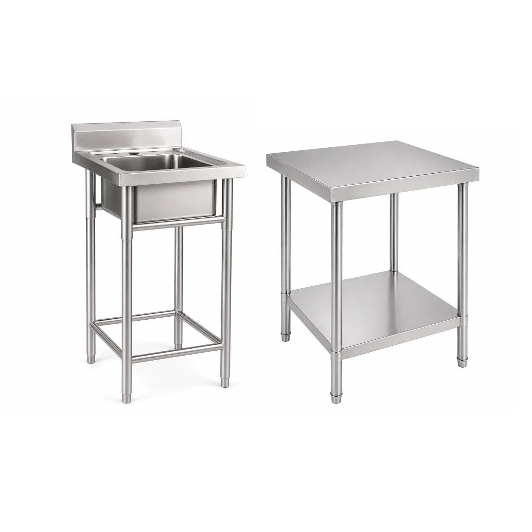 Kit Food Truck Profesional - Lavafondo 50x50 cm + Mesón Central 60x60 cm de Acero Inoxidable 304