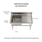 Lavafondo 100x60x90 cm con secado de Acero Inoxidable 304  con Llave Monomando + Sifon y Desague