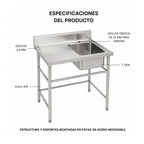 Lavafondo 80x60x90 cm con secado de Acero Inoxidable 304  con Llave Monomando + Sifon y Desague