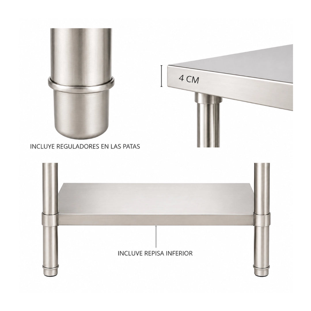 Mesón Central 140x60x90 de Acero Inoxidable 304 para Cocina, Restaurante y Taller