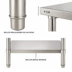 Mesón Central 60x60x90 de Acero Inoxidable 304 para Cocina, Restaurante y Taller