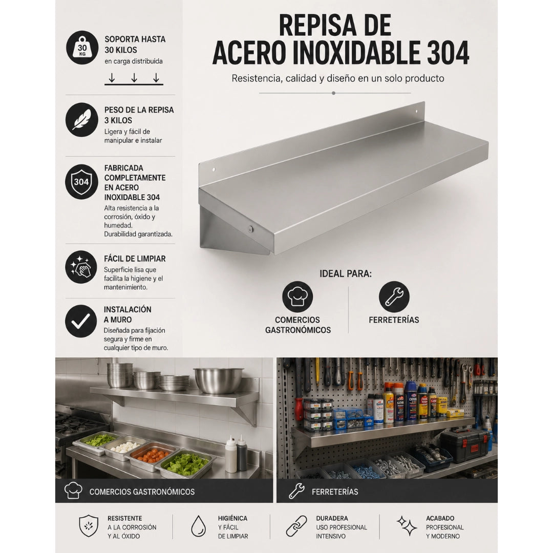 Repisa Mural 60x30 cm de Acero Inoxidable 304 para Cocina Industrial y Restaurante