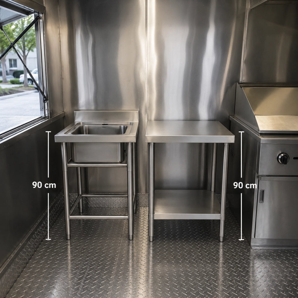 Kit Food Truck Profesional - Lavafondo 50x50 cm + Mesón Central 60x60 cm de Acero Inoxidable 304